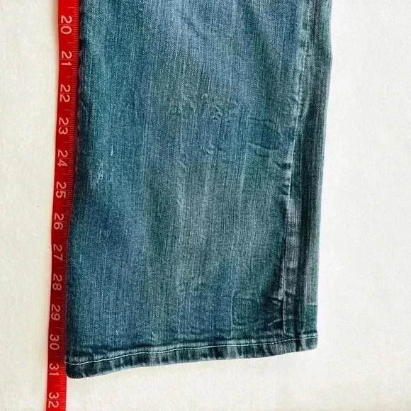 Vigoss Med Wash Lowrise Faded Distress Rhinestone Pocket Bootcut Jeans Size 15 - Picture 16 of 16
